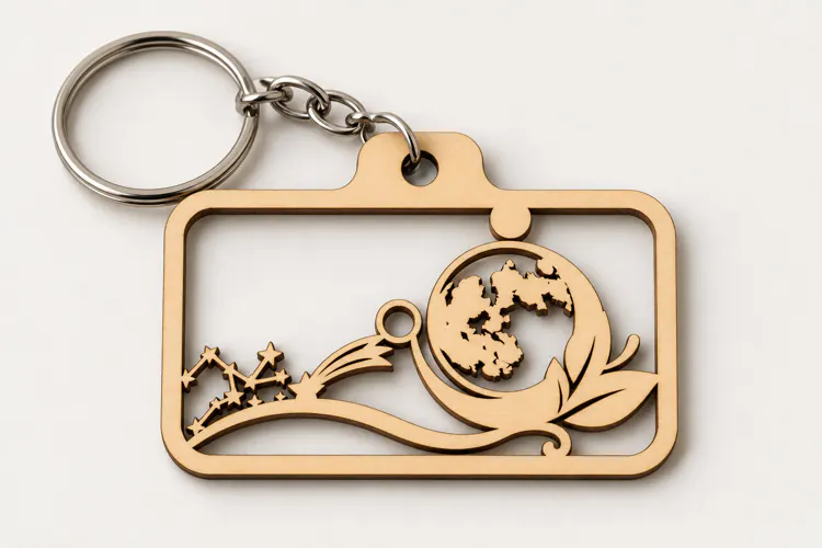 Rectangle Crescent Moon Mountain Waves Wooden Keychain Laser