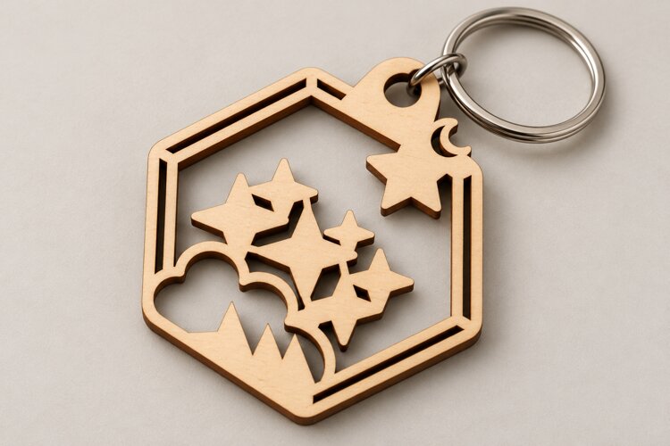Hexagon Shooting Stars Mountain Wooden Keychain Laser Cut SV example image 1