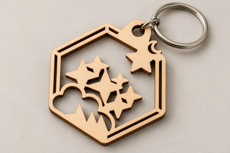 Hexagon Shooting Stars Mountain Wooden Keychain Laser Cut SV