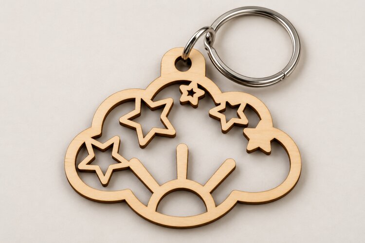Cloud Shooting Stars Sun Wooden Keychain Laser Cut SVG, Sce example image 1