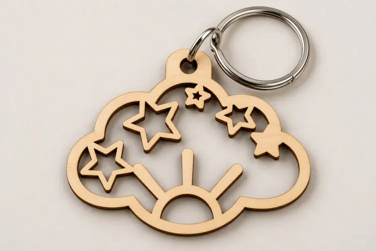 Cloud Shooting Stars Sun Wooden Keychain Laser Cut SVG, Sce