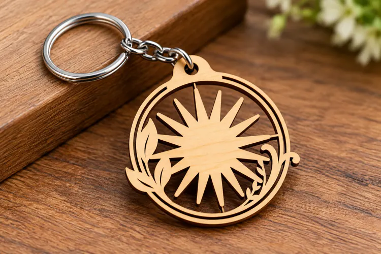Round Ornate Sun Rays Botanical Wooden Keychain Laser Cut SV