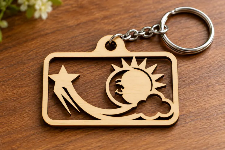 Rectangle Shooting Star Sun Cloud Wooden Keychain Laser Cut