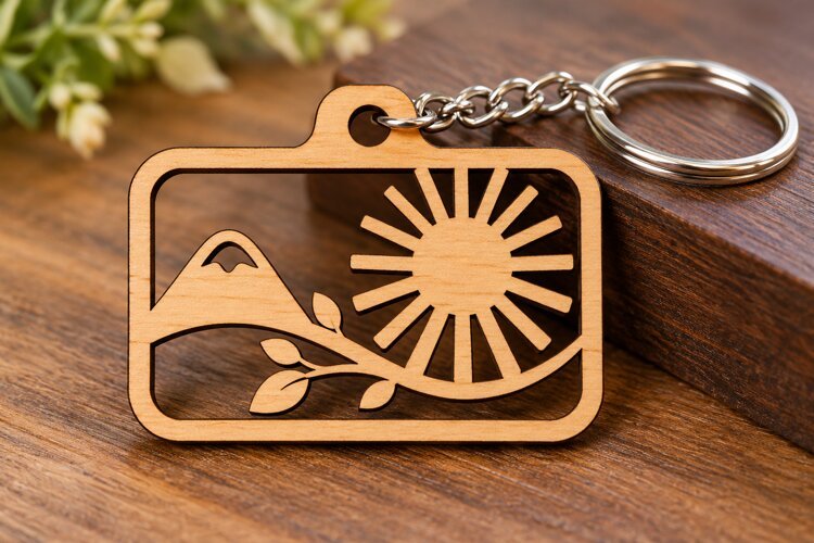 Rectangle Sun Rays Mountain Wooden Keychain Laser Cut SVG, example image 1