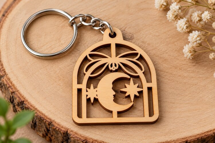 Arch Crescent Moon Star Window Wooden Keychain Laser Cut SVG example image 1