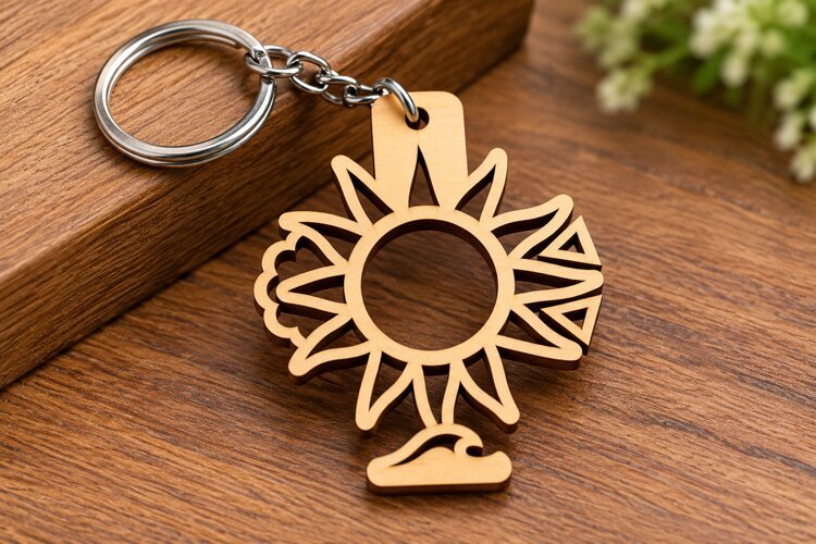 Ornate Sun Rays Abstract Wooden Keychain Laser Cut SVG, Deco example image 1