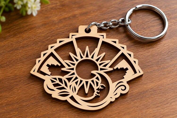 Fan Shape Celestial Sun Moon Star Botanical Wooden Keychain example image 1