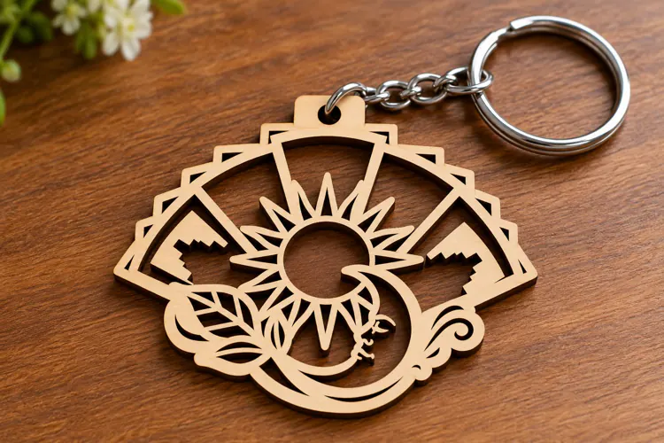 Fan Shape Celestial Sun Moon Star Botanical Wooden Keychain