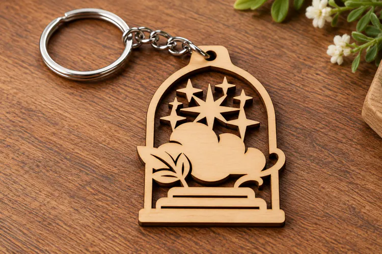 Fan Shape Celestial Sun Moon Star Botanical Wooden Keychain