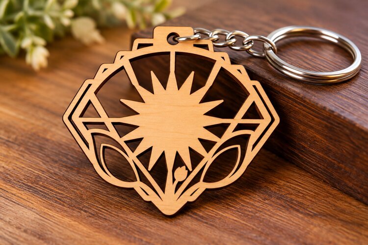 Fan Shape Ornate Sun Rays Botanical Wooden Keychain Laser example image 1