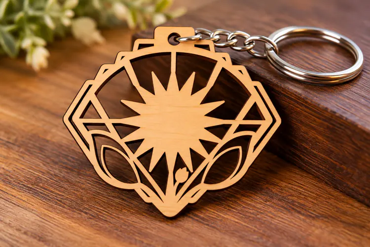 Fan Shape Ornate Sun Rays Botanical Wooden Keychain Laser