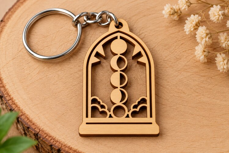 Arch Moon Phases Botanical Wooden Keychain Laser Cut SVG, Ch example image 1