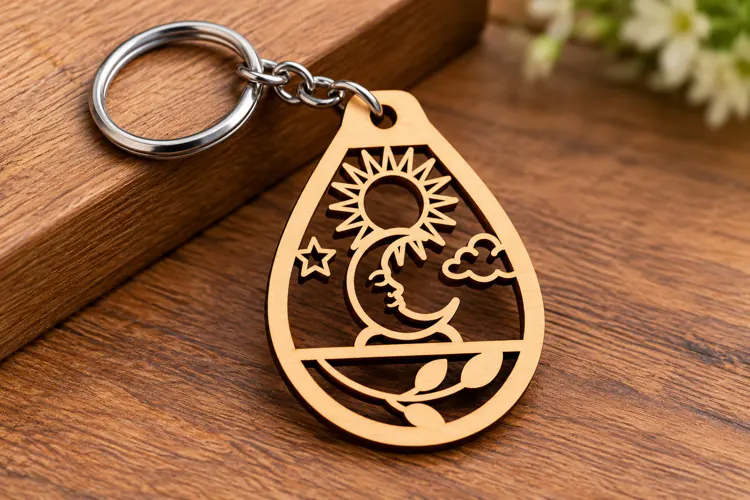 Teardrop Celestial Sun Moon Clouds Wooden Keychain Laser Cut