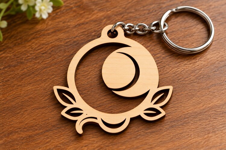 Round Crescent Moon Botanical Floral Wooden Keychain Laser example image 1