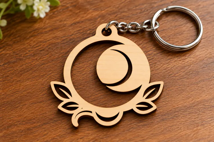Round Crescent Moon Botanical Floral Wooden Keychain Laser