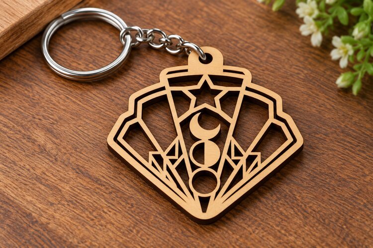 Fan Shape Celestial Moon Stars Art Deco Wooden Keychain Lase example image 1