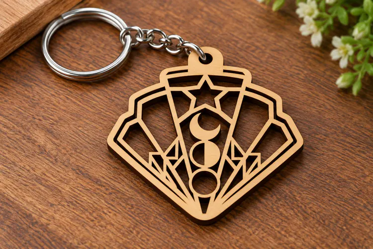 Fan Shape Celestial Moon Stars Art Deco Wooden Keychain Lase