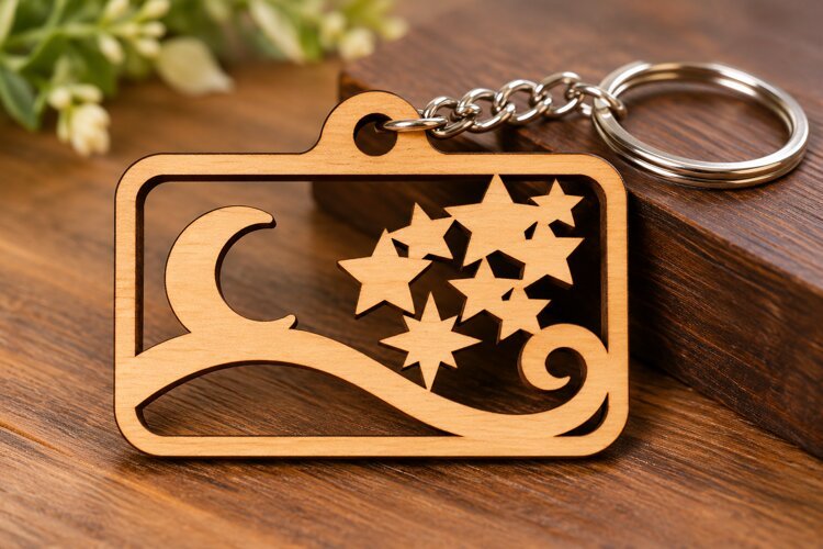 Rectangle Crescent Moon Shooting Stars Wooden Keychain Laser example image 1