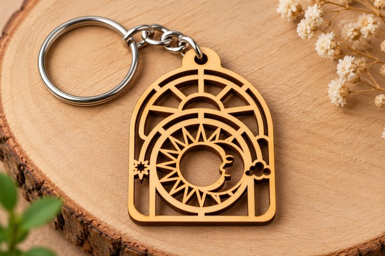 Arch Celestial Sun Moon Window Wooden Keychain Laser Cut SVG example image 1