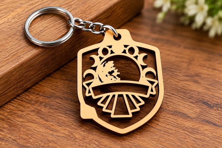 Shield Celestial Sun Moon Stars Crest Wooden Keychain Laser example image 1