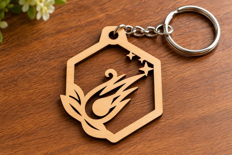 Hexagon Shooting Star Comet Wooden Keychain Laser Cut SVG example image 1