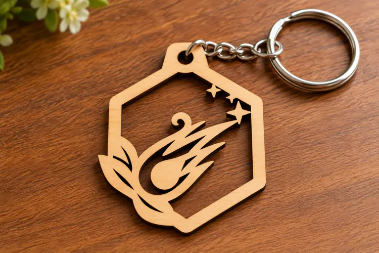Hexagon Shooting Star Comet Wooden Keychain Laser Cut SVG