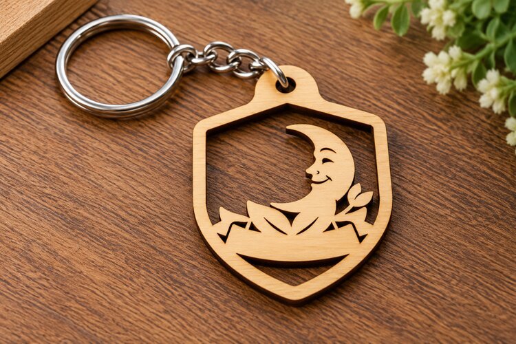 Shield Crescent Moon Landscape Wooden Keychain Laser Cut SVG example image 1