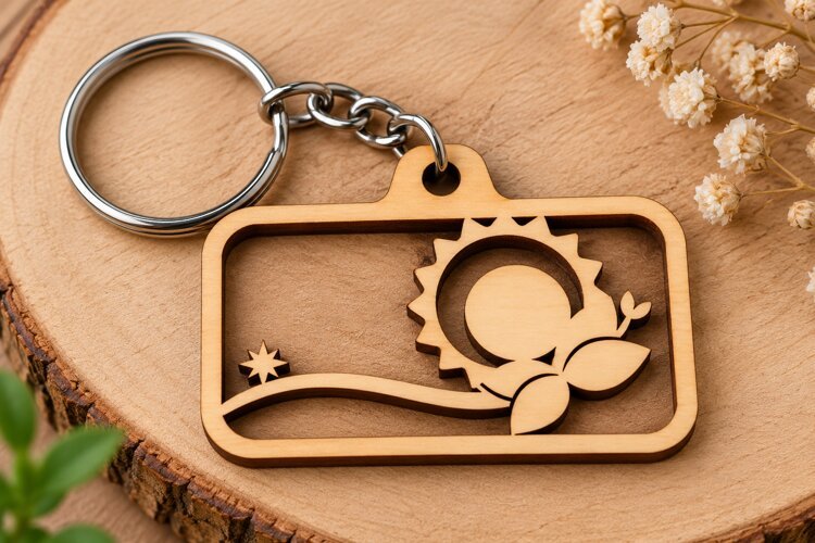 Rectangle Sun Botanical Nature Wooden Keychain Laser Cut SVG example image 1