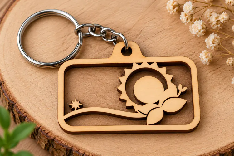 Rectangle Sun Botanical Nature Wooden Keychain Laser Cut SVG