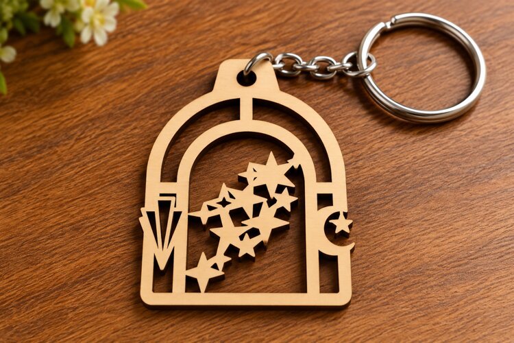 Arch Shooting Stars Celestial Window Wooden Keychain Laser example image 1