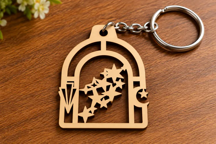 Arch Shooting Stars Celestial Window Wooden Keychain Laser