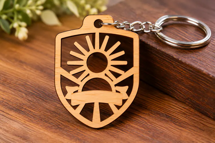 Shield Sun Rays Sunrise Crest Wooden Keychain Laser Cut SVG,