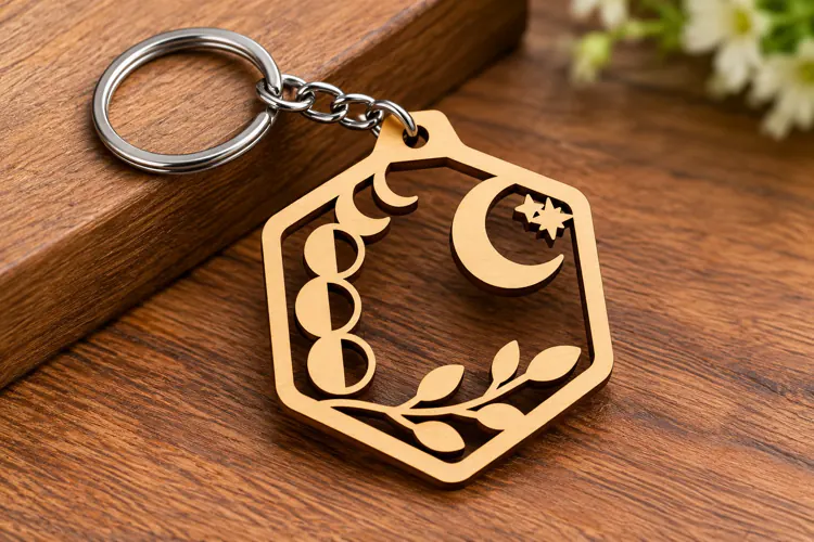 Hexagon Moon Phases Botanical Wooden Keychain Laser Cut SVG,