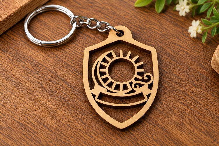 Shield Celestial Sun Star Crest Wooden Keychain Laser Cut SV example image 1