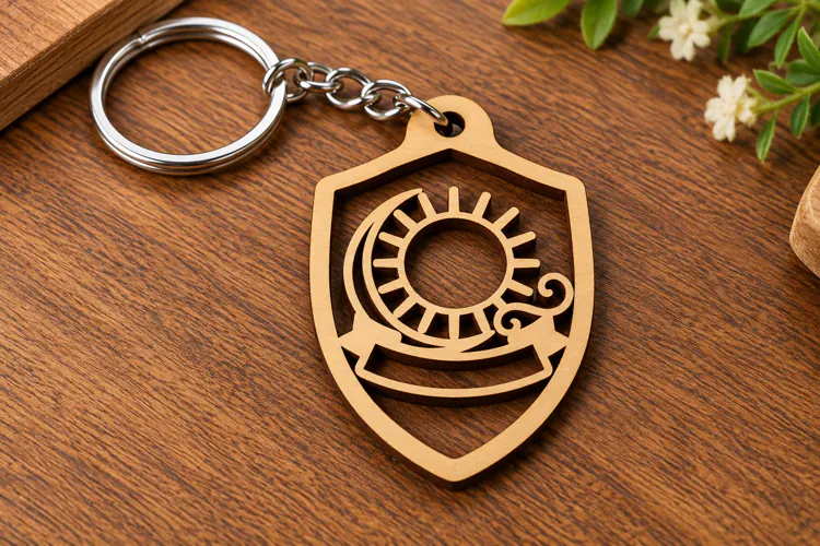 Shield Celestial Sun Star Crest Wooden Keychain Laser Cut SV