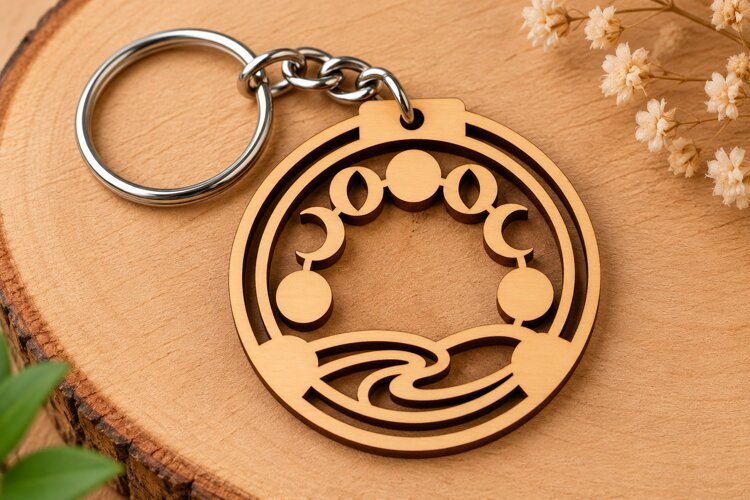 Round Moon Phases Waves Wooden Keychain Laser Cut SVG, Sceni example image 1