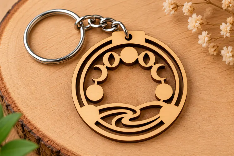 Round Moon Phases Waves Wooden Keychain Laser Cut SVG, Sceni