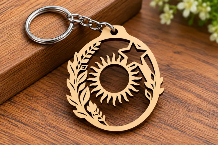 Round Celestial Sun Star Botanical Wooden Keychain Laser Cut