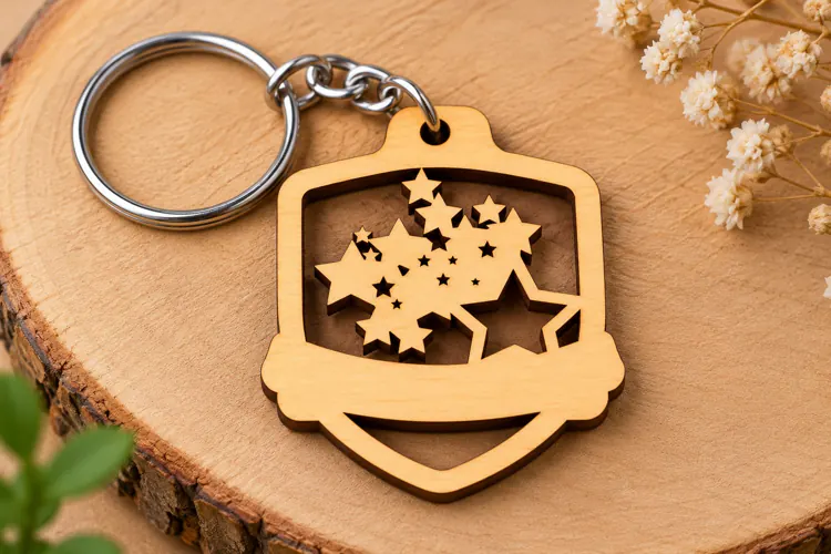 Shield Shooting Stars Crest Wooden Keychain Laser Cut SVG,