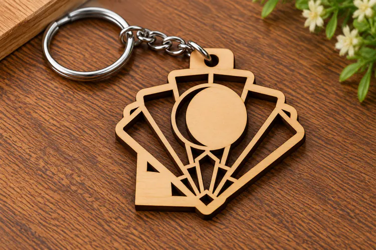 Fan Shape Celestial Moon Art Deco Wooden Keychain Laser Cut
