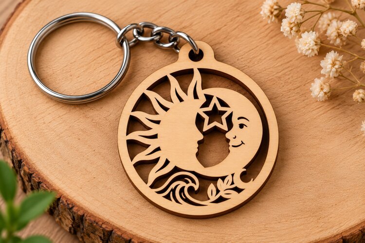 Round Celestial Sun Face Moon Waves Wooden Keychain Laser example image 1