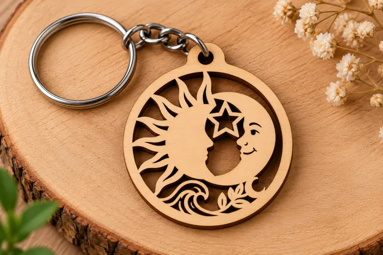 Round Celestial Sun Face Moon Waves Wooden Keychain Laser
