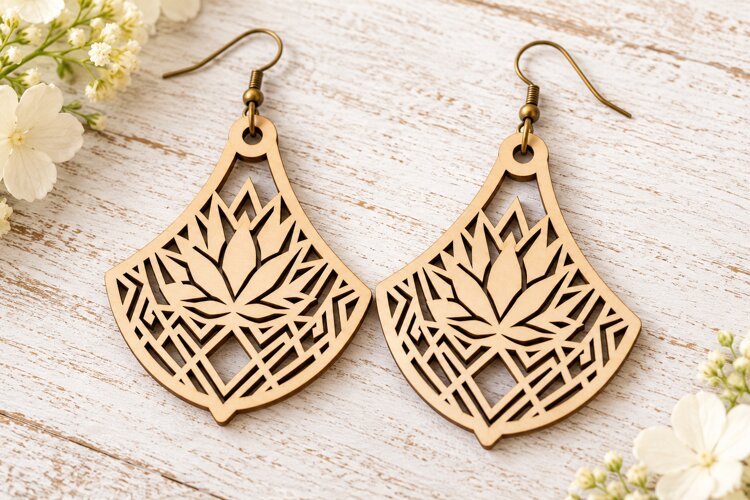 Fan Shape Lotus Floral Wooden Earrings Laser Cut SVG, Art example image 1