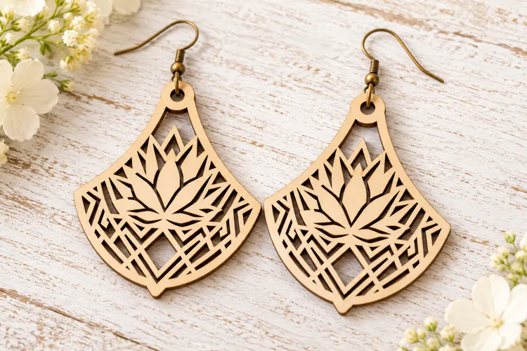 Fan Shape Lotus Floral Wooden Earrings Laser Cut SVG, Art