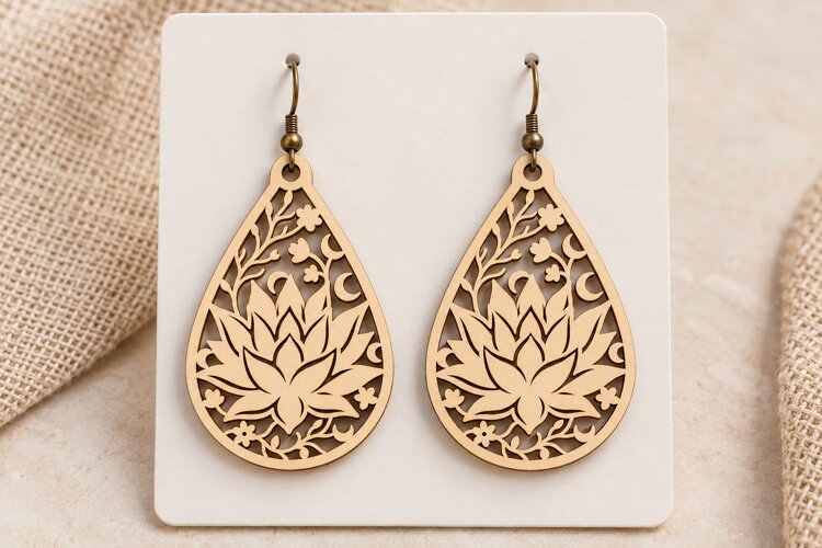 Teardrop Lotus Floral Wooden Earrings Laser Cut SVG, Botanic example image 1