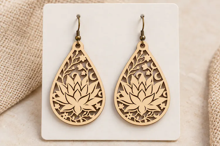 Teardrop Lotus Floral Wooden Earrings Laser Cut SVG, Botanic