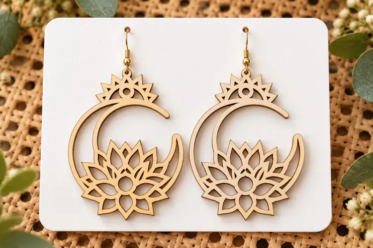 Crescent Moon Lotus Floral Wooden Earrings Laser Cut SVG