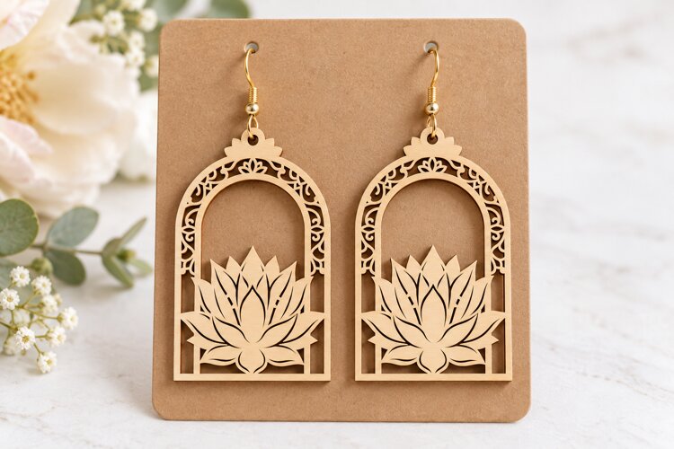 Arch Lotus Floral Window Wooden Earrings Laser Cut SVG example image 1