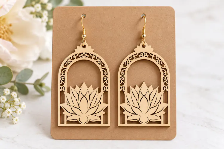 Arch Lotus Floral Window Wooden Earrings Laser Cut SVG