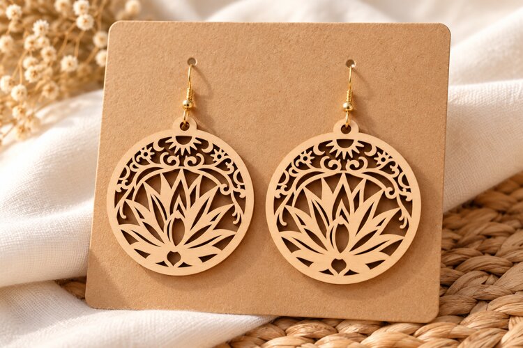 Round Lotus Floral Wooden Earrings Laser Cut SVG, Circular example image 1